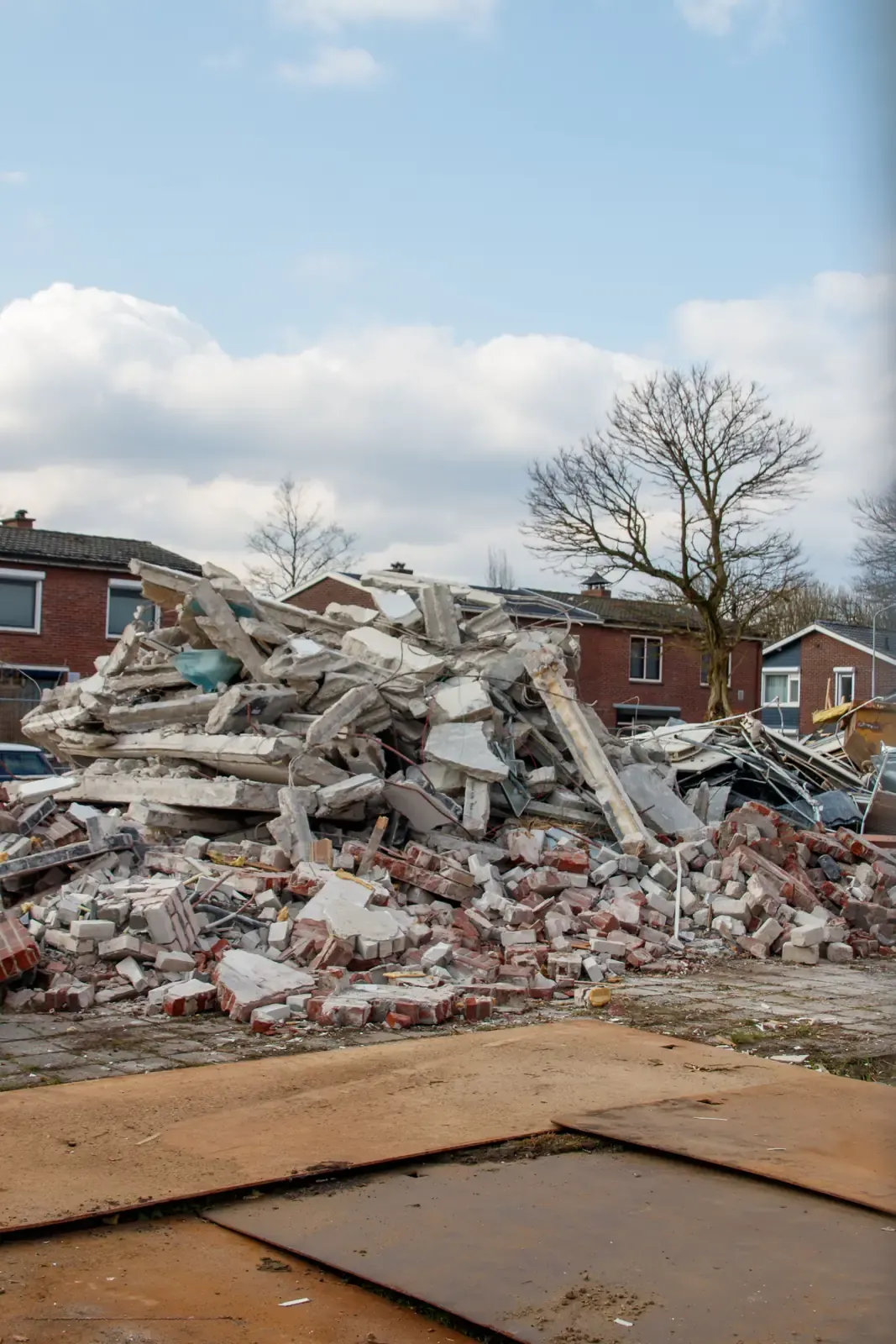 A rubble pile on a residential street with steel road plates laid across the ground